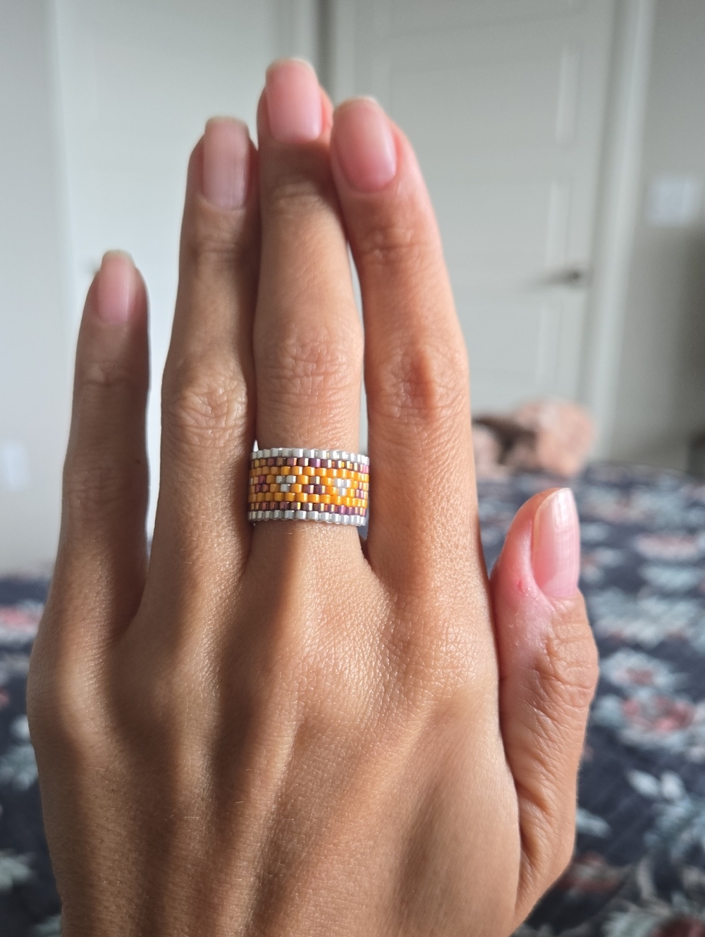 Handmade Yellow Beaded Stretch Ring - Wide Band